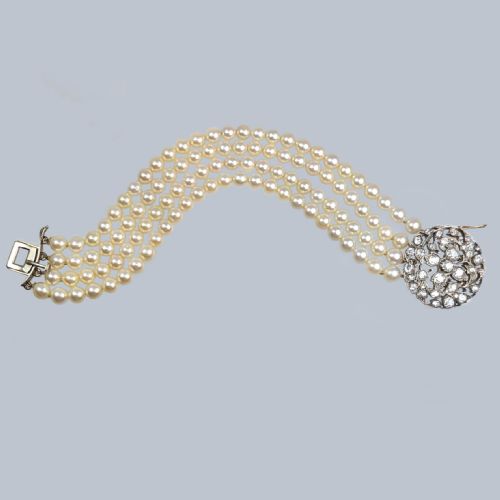 PEARL DIAMOND BRACELET 1920S FOUR STRAND CULTURED PEARLS WITH OLD MINE CUT DIAMOND FLORAL CLASP - ADDITIONAL PHOTO 4