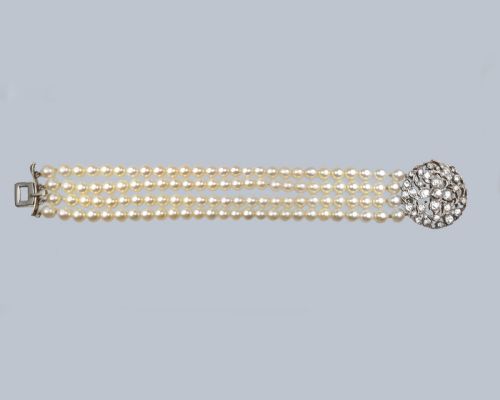 PEARL DIAMOND BRACELET 1920S FOUR STRAND CULTURED PEARLS WITH OLD MINE CUT DIAMOND FLORAL CLASP - ADDITIONAL PHOTO 5