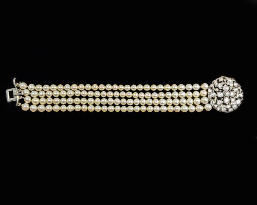 PEARL DIAMOND BRACELET 1920S FOUR STRAND CULTURED PEARLS WITH OLD MINE CUT DIAMOND FLORAL CLASP - ADDITIONAL PHOTO 6