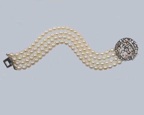 PEARL DIAMOND BRACELET 1920S FOUR STRAND CULTURED PEARLS WITH OLD MINE CUT DIAMOND FLORAL CLASP - ADDITIONAL PHOTO 7