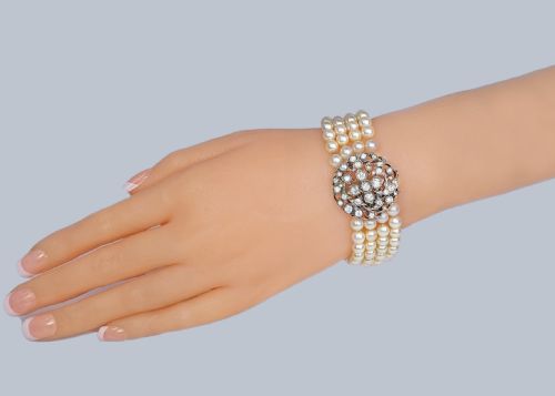 PEARL DIAMOND BRACELET 1920S FOUR STRAND CULTURED PEARLS WITH OLD MINE CUT DIAMOND FLORAL CLASP - ADDITIONAL PHOTO 8