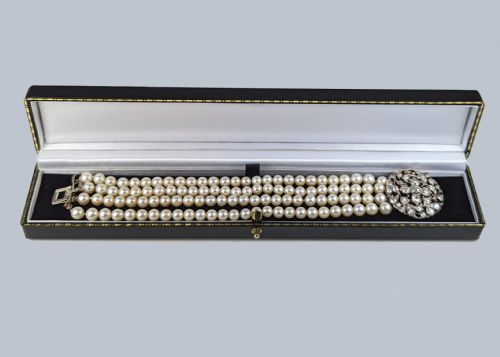 PEARL DIAMOND BRACELET 1920S FOUR STRAND CULTURED PEARLS WITH OLD MINE CUT DIAMOND FLORAL CLASP - ADDITIONAL PHOTO 10