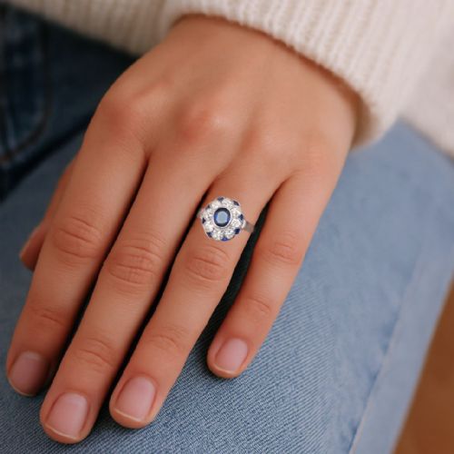 PLATINUM SAPPHIRE DIAMOND CLUSTER RING VINTAGE 1960S FLOWER ENGAGEMENT RING - ADDITIONAL PHOTO 1