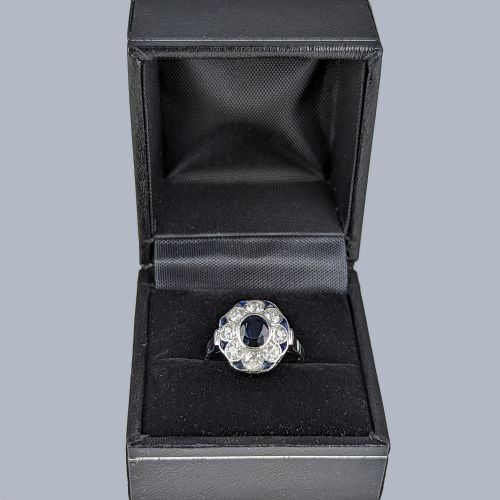 PLATINUM SAPPHIRE DIAMOND CLUSTER RING VINTAGE 1960S FLOWER ENGAGEMENT RING - ADDITIONAL PHOTO 9