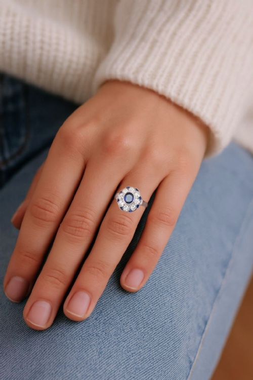 PLATINUM SAPPHIRE DIAMOND CLUSTER RING VINTAGE 1960S FLOWER ENGAGEMENT RING - ADDITIONAL PHOTO 10