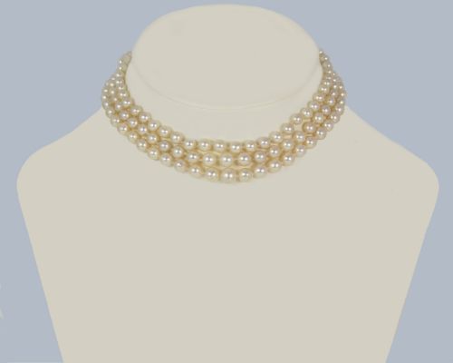 ART DECO TRIPLE STRAND PEARL NECKLACE 1930S CULTURED SALTWATER PEARLS WITH DIAMOND CLASP - ADDITIONAL PHOTO 2