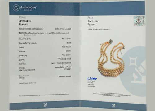 ART DECO TRIPLE STRAND PEARL NECKLACE 1930S CULTURED SALTWATER PEARLS WITH DIAMOND CLASP - ADDITIONAL PHOTO 4