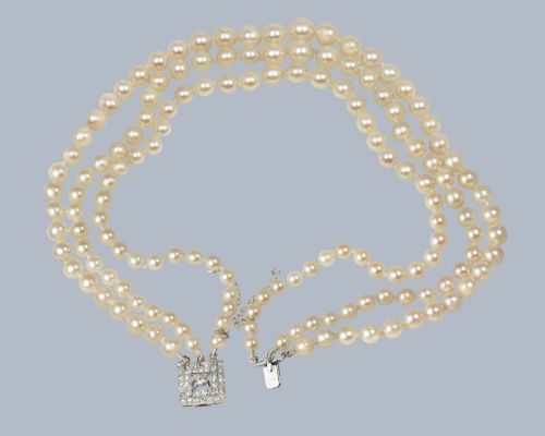 ART DECO TRIPLE STRAND PEARL NECKLACE 1930S CULTURED SALTWATER PEARLS WITH DIAMOND CLASP - ADDITIONAL PHOTO 5