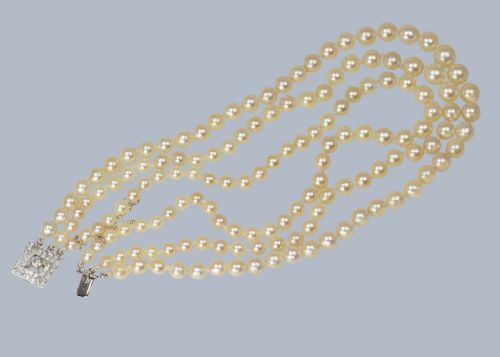 ART DECO TRIPLE STRAND PEARL NECKLACE 1930S CULTURED SALTWATER PEARLS WITH DIAMOND CLASP - ADDITIONAL PHOTO 6