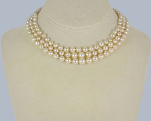 ART DECO TRIPLE STRAND PEARL NECKLACE 1930S CULTURED SALTWATER PEARLS WITH DIAMOND CLASP - ADDITIONAL PHOTO 11