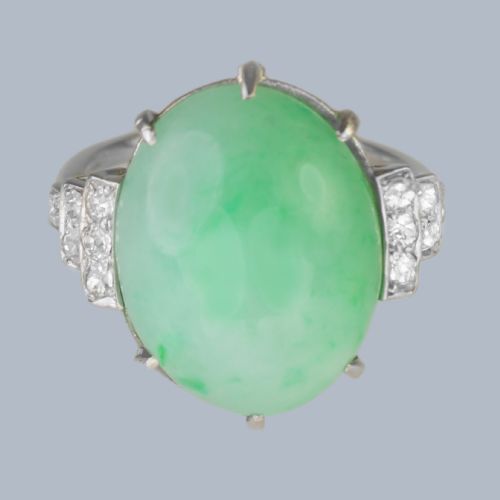 ART DECO 1920S PLATINUM JADEITE DIAMOND RING NATURAL 15CT GREEN JADE WITH GEM REPORT - ADDITIONAL PHOTO 8