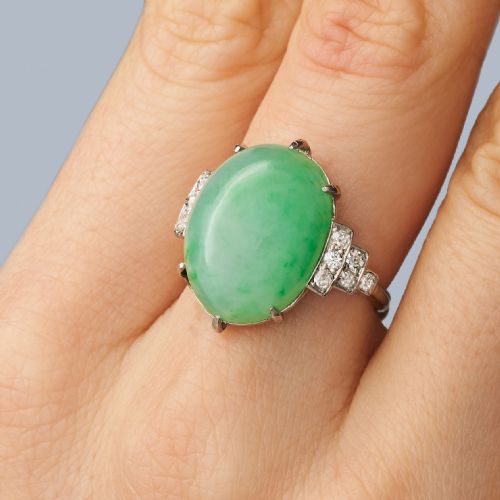ART DECO 1920S PLATINUM JADEITE DIAMOND RING NATURAL 15CT GREEN JADE WITH GEM REPORT - ADDITIONAL PHOTO 12