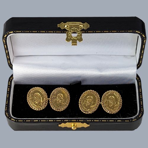 VICTORIAN 1870 15CT GOLD DOUBLE SIDED CUFFLINKS BELT MOTIF ENGRAVING WITH HALLMARKS - ADDITIONAL PHOTO 1