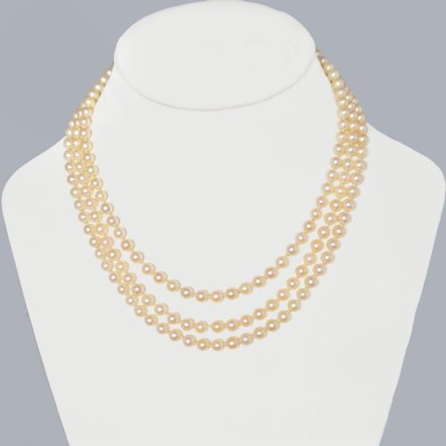 TRIPLE STRAND CULTURED PEARL NECKLACE 9CT GOLD SAPPHIRE FLORAL CLASP VINTAGE 1960S - ADDITIONAL PHOTO 9