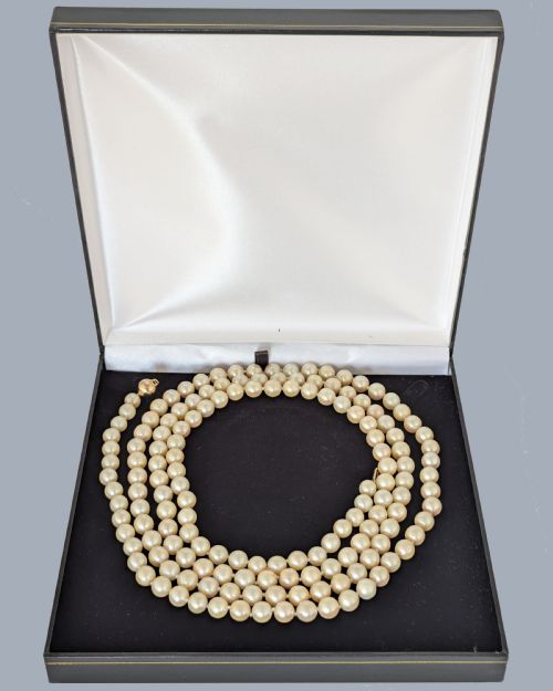 VINTAGE LONG CULTURED PEARL SAUTOIR NECKLACE 9CT GOLD BALL CLASP 1960S - ADDITIONAL PHOTO 13