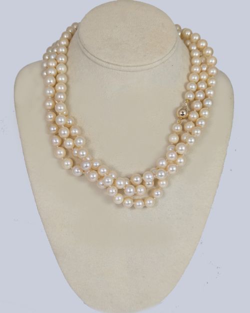 VINTAGE LONG CULTURED PEARL SAUTOIR NECKLACE 9CT GOLD BALL CLASP 1960S - ADDITIONAL PHOTO 9