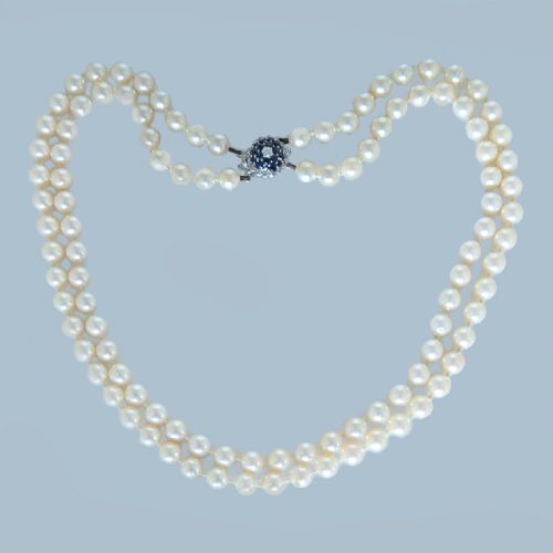 vintage 9ct gold sapphire diamond clasp double strand pearl necklace c1960 - CATEGORY: ANTIQUE JEWELLERY - DATED 1960