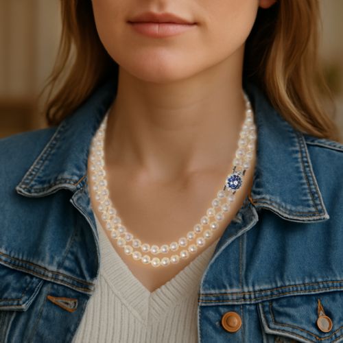 VINTAGE 9CT GOLD SAPPHIRE DIAMOND CLASP DOUBLE STRAND PEARL NECKLACE C1960 - ADDITIONAL PHOTO 1