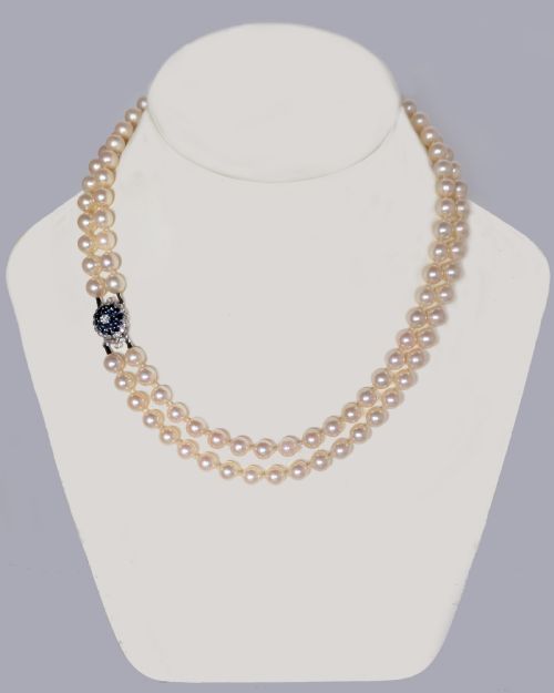 VINTAGE 9CT GOLD SAPPHIRE DIAMOND CLASP DOUBLE STRAND PEARL NECKLACE C1960 - ADDITIONAL PHOTO 7