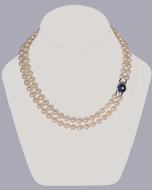 VINTAGE 9CT GOLD SAPPHIRE DIAMOND CLASP DOUBLE STRAND PEARL NECKLACE C1960 - ADDITIONAL PHOTO 8