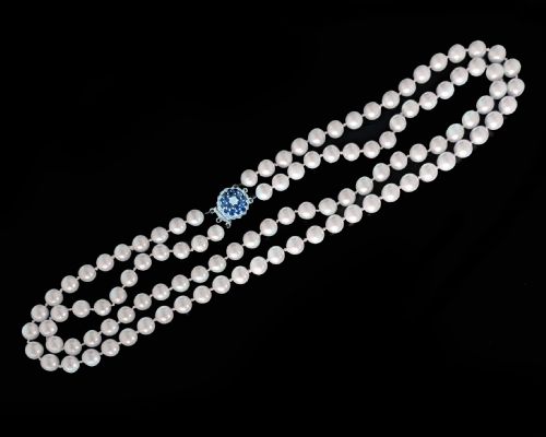 VINTAGE 9CT GOLD SAPPHIRE DIAMOND CLASP DOUBLE STRAND PEARL NECKLACE C1960 - ADDITIONAL PHOTO 10