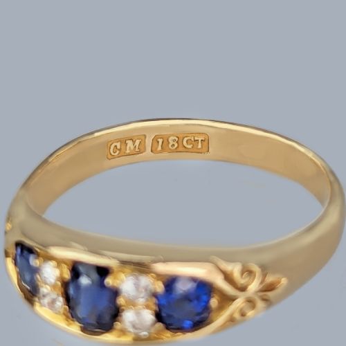 ANTIQUE VICTORIAN SAPPHIRE DIAMOND BOAT RING 18CT GOLD ENGLISH RING CIRCA 1890 - ADDITIONAL PHOTO 5