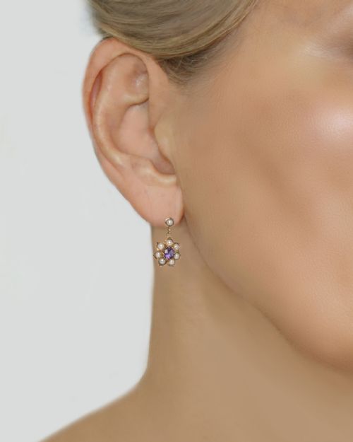 VINTAGE CROPP FARR AMETHYST AND PEARL FLORAL DROP EARRINGS 1964 - ADDITIONAL PHOTO 1