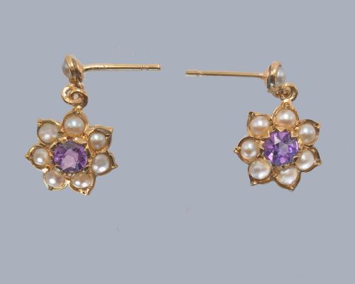 VINTAGE CROPP FARR AMETHYST AND PEARL FLORAL DROP EARRINGS 1964 - ADDITIONAL PHOTO 3