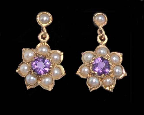 VINTAGE CROPP FARR AMETHYST AND PEARL FLORAL DROP EARRINGS 1964 - ADDITIONAL PHOTO 4