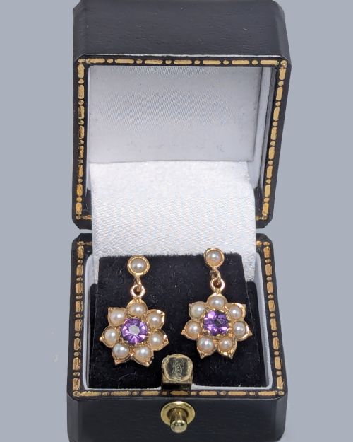 VINTAGE CROPP FARR AMETHYST AND PEARL FLORAL DROP EARRINGS 1964 - ADDITIONAL PHOTO 6