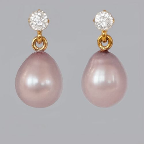 elegant 1960s diamond and pink pearl drop earrings in 9ct gold - CATEGORY: ANTIQUE JEWELLERY - DATED 1960