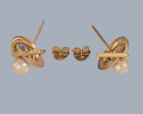 VINTAGE 9CT GOLD PEARL FLORAL KNOT EARRINGS 1960S LONDON HALLMARKED WITH POSTS - ADDITIONAL PHOTO 3