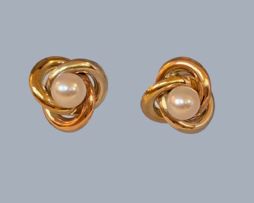 VINTAGE 9CT GOLD PEARL FLORAL KNOT EARRINGS 1960S LONDON HALLMARKED WITH POSTS - ADDITIONAL PHOTO 5