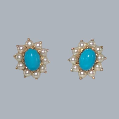 MID CENTURY 9CT GOLD TURQUOISE SPLIT PEARL CLUSTER EARRINGS LONDON 1965 HALLMARKED