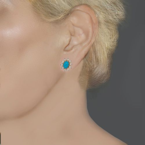 MID CENTURY 9CT GOLD TURQUOISE SPLIT PEARL CLUSTER EARRINGS LONDON 1965 HALLMARKED - ADDITIONAL PHOTO 1