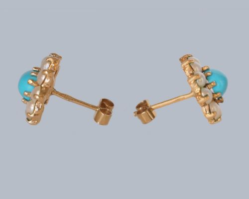 MID CENTURY 9CT GOLD TURQUOISE SPLIT PEARL CLUSTER EARRINGS LONDON 1965 HALLMARKED - ADDITIONAL PHOTO 3