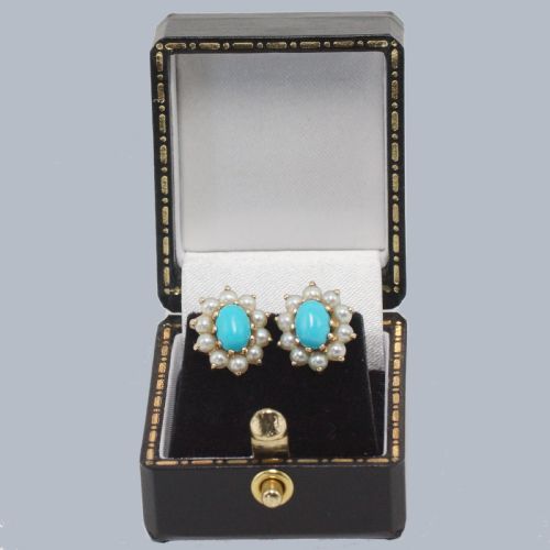 MID CENTURY 9CT GOLD TURQUOISE SPLIT PEARL CLUSTER EARRINGS LONDON 1965 HALLMARKED - ADDITIONAL PHOTO 5