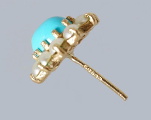 MID CENTURY 9CT GOLD TURQUOISE SPLIT PEARL CLUSTER EARRINGS LONDON 1965 HALLMARKED - ADDITIONAL PHOTO 6