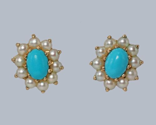 MID CENTURY 9CT GOLD TURQUOISE SPLIT PEARL CLUSTER EARRINGS LONDON 1965 HALLMARKED - ADDITIONAL PHOTO 7