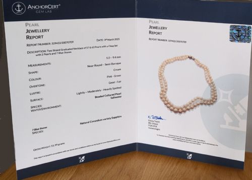 FINE 1950S DOUBLE STRAND CULTURED PEARL NECKLACE WITH SAPPHIRE GOLD CLASP - ADDITIONAL PHOTO 2