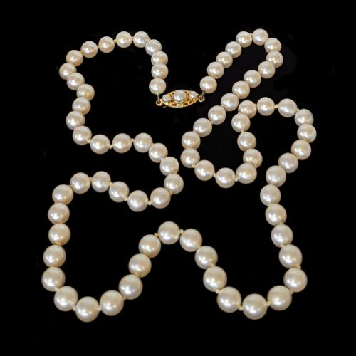 VINTAGE LONG PEARL NECKLACE HAND KNOTTED CULTURED PEARLS 9CT GOLD CLASP LONDON 1969 - ADDITIONAL PHOTO 1