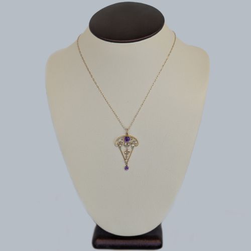 EDWARDIAN 9CT GOLD AMETHYST AND SEED PEARL PENDANT NECKLACE S BLANCKENSEE SON - ADDITIONAL PHOTO 1