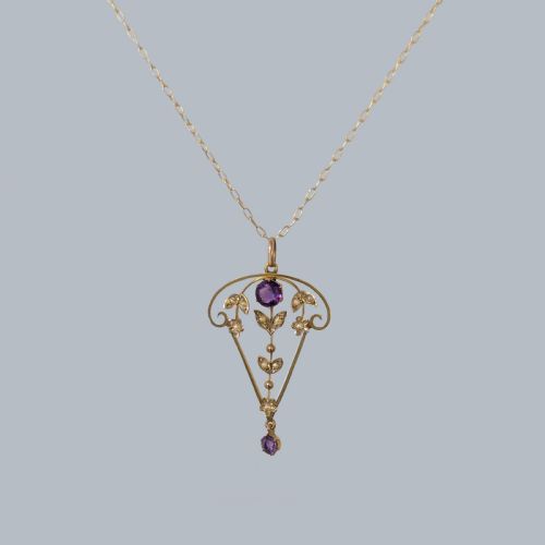 EDWARDIAN 9CT GOLD AMETHYST AND SEED PEARL PENDANT NECKLACE S BLANCKENSEE SON - ADDITIONAL PHOTO 3