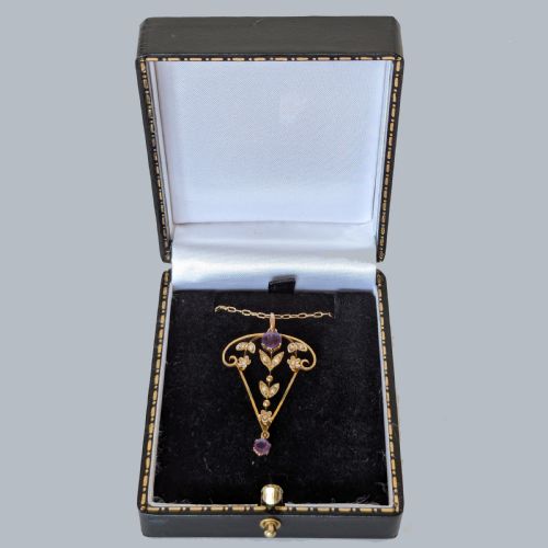 EDWARDIAN 9CT GOLD AMETHYST AND SEED PEARL PENDANT NECKLACE S BLANCKENSEE SON - ADDITIONAL PHOTO 4