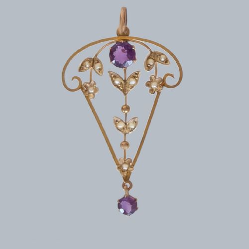 EDWARDIAN 9CT GOLD AMETHYST AND SEED PEARL PENDANT NECKLACE S BLANCKENSEE SON - ADDITIONAL PHOTO 5