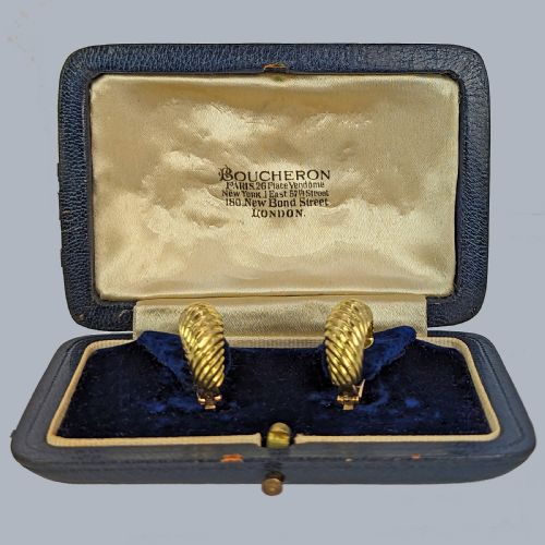 FRENCH VINTAGE BOUCHERON 18CT GOLD RIDGED HOOP EARRINGS CLIP ON DESIGN WITH ORIGINAL BOX - ADDITIONAL PHOTO 2