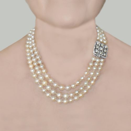 ART DECO TRIPLE STRAND PEARL NECKLACE ROSE CUT DIAMOND CLASP CERTIFIED - ADDITIONAL PHOTO 1