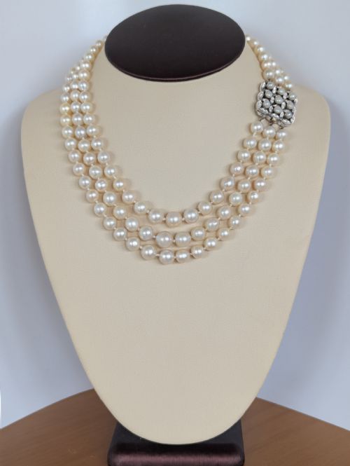 ART DECO TRIPLE STRAND PEARL NECKLACE ROSE CUT DIAMOND CLASP CERTIFIED - ADDITIONAL PHOTO 4