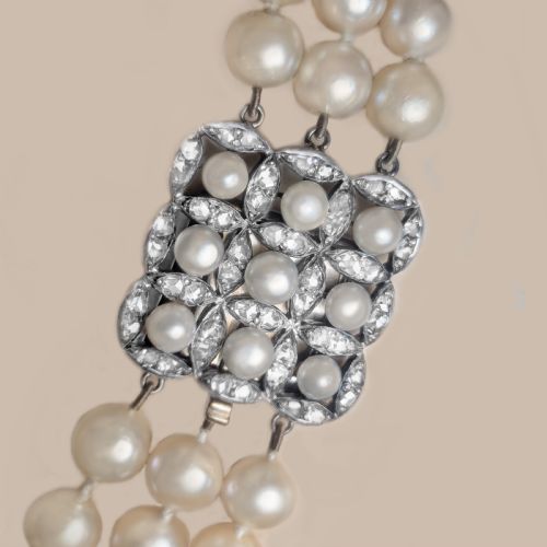ART DECO TRIPLE STRAND PEARL NECKLACE ROSE CUT DIAMOND CLASP CERTIFIED - ADDITIONAL PHOTO 7