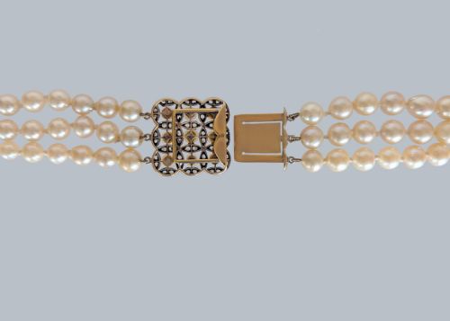 ART DECO TRIPLE STRAND PEARL NECKLACE ROSE CUT DIAMOND CLASP CERTIFIED - ADDITIONAL PHOTO 9